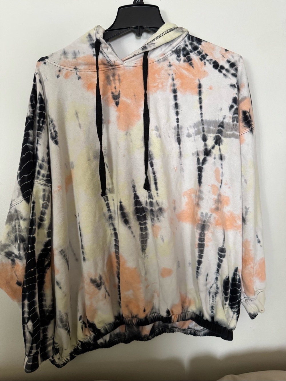 Tie-Dye Hooded Pullover Sweatshirt - Peach, Black & Cream